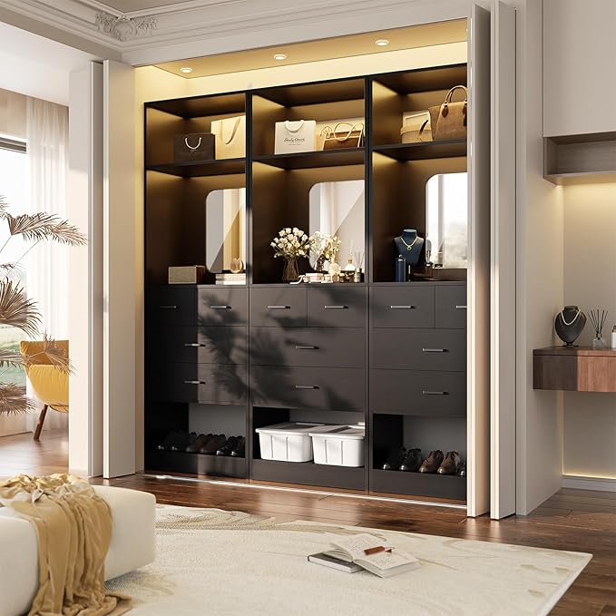 Unikito 50 Inch Closet System with Drawers, 4FT Sturdy Closets Organizer with Storage Shelves and Mirror Design, Freestanding Wood Walk in Closet Towers, Easy Assembly, Max Load 1000 LBS, Black