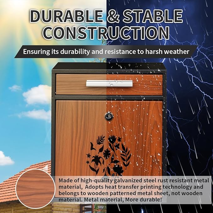 Wall Mount Mailbox, Large Capacity Mailbox for House Outside Galvanized Steel Rust-Proof Metal Post Drop Box, 12"×10.5"×4.7" Flower Hollowed Wooden Patterned Metal Sheet Black