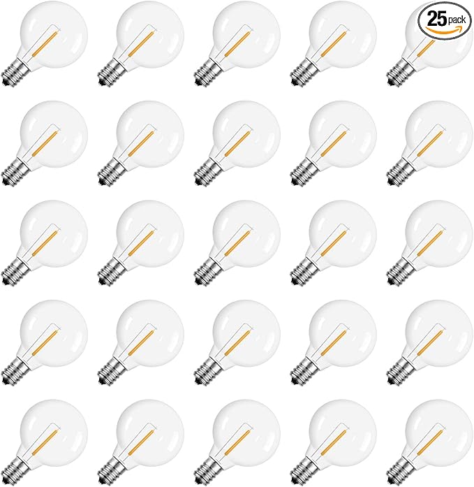 Meconard DC 3V Low Voltage, Solar Replacement Bulbs for G40 outoodr String Lights, Shatterproof 1W LED Bulb, E12/C7 Candelabra Screw Base, Warm White 2200K, 25Pack