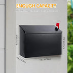 Wall Mount Mailbox for Outside with Flag, Galvanized Steel Mail Box for Post Outdoor, Large Capacity Rust-Proof Metal Postbox for House and Office, with 3 Sets Mailbox Numbers, 14.2"x9.5"x4" Black