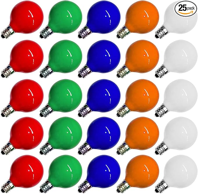 25-Pack G40 Replacement Christmas Lights Bulbs, Colored Light Bulbs for Christmas Outdoor String Lights, C7/E12 Candelabra Base, 5W Incandescent Light Bulbs-Multicolor