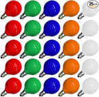 25-Pack G40 Replacement Christmas Lights Bulbs, Colored Light Bulbs for Christmas Outdoor String Lights, C7/E12 Candelabra Base, 5W Incandescent Light Bulbs-Multicolor