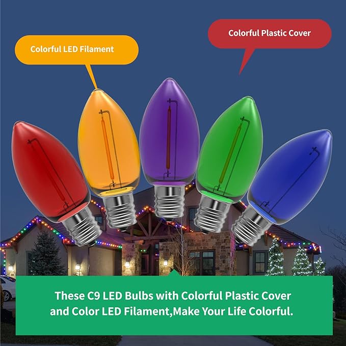 Meconard C9 Led Replacement Christmas Light Bulb, C9 Shatterproof Led Bulbs for Christmas Outdoor String Lights, E17 Intermediate Base, Commercial Grade Holiday Bulbs, Multi-Color, 25 Pack
