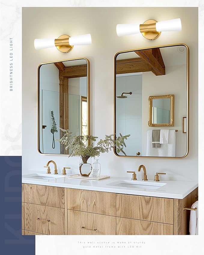 kudos Wall Sconces 16inches Gold Vanity Light Fixtures, Modern Sconces Wall Lighting with Milk White Glass, Dimmerable 3000K/4000K/5000K for Bathroom Bedroom, KDVL13-GD