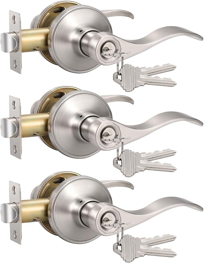 Knobonly 3 Pack Keyed Alike Bathroom/Bedroom Door Lock, Satin Nickel Front Door Handle, Exterior Door Handle, Same Key for Each Pack, Zinc Alloy