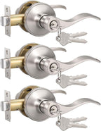Knobonly 3 Pack Keyed Alike Bathroom/Bedroom Door Lock, Satin Nickel Front Door Handle, Exterior Door Handle, Same Key for Each Pack, Zinc Alloy