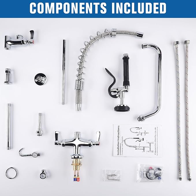 27" Height Commercial Sink Faucet Deck Mount with Pre-Rinse Sprayer, Commercial Kitchen Faucet with 10" Add-on Swing Spout Faucet & Spring Pull Down Sprayer, 8" Adjustable Center Kitchen Faucet