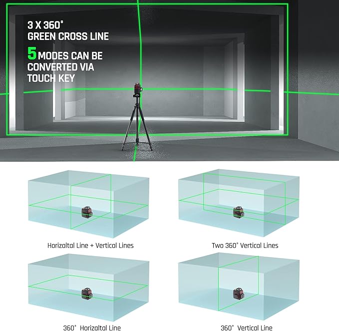 Self Leveling Laser Level 3x360° 3D Cross Line Rotary Lasers Green Beam, Pulse Mode Battery Indicator, USB Type-C Charging, 360° Adjustable Liftable Magnetic Base, Li-ion Battery