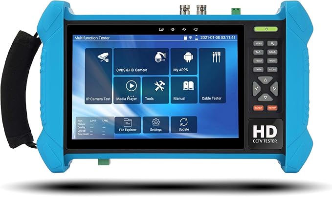 Koolertron 7" IPS Touch Screen 4K H.265 IP Camera Tester - POE/WiFi, CVBS Analog Tester, HDMI Output, RJ45 TDR, 8GB TF Card, Dual Window Test, Firmware Upgrade