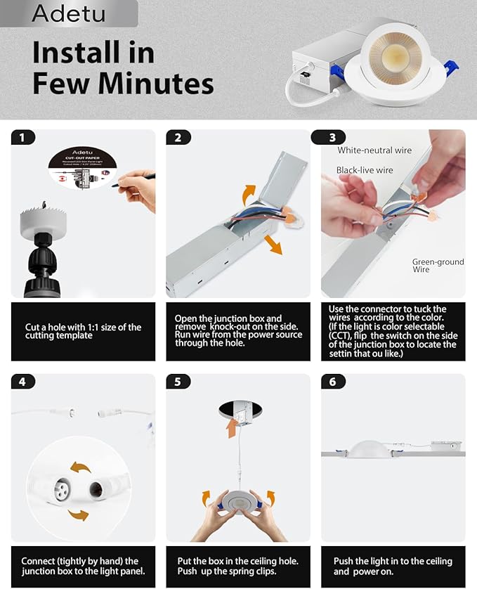 Adetu 2 Inch 5CCT Gimbal Led Recessed Lighting with Junction Box, 360°+90° Adjustable Recessed Can Lights, 2700K/3000K/3500K/4000K/5000K Selectable, 5W Eqv 50W, 550LM Brightness - ETL (White, 1 Pack)