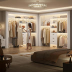 Closet System with Drawer - 8FT Wood Closet Organizer System with 3 Hanging Rods and Shelving Tower, 96" Walk In Closet Organizer Wardrobe, Heavy Duty Garment Rack Clothes Rack, White