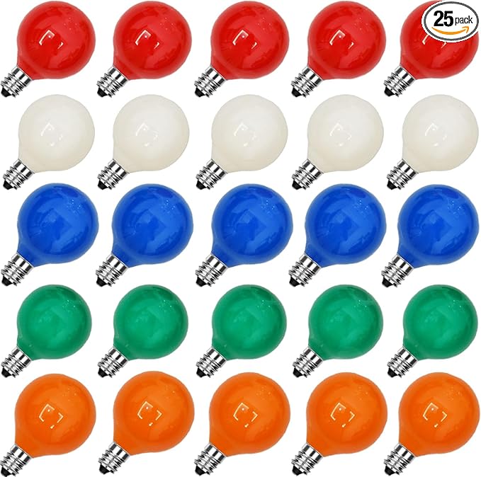 GOOTHY 25 Pack G40 Multicolor Ceramic Replacement Lights Bulbs, Christmas Globe Replacement Bulbs for Outdoor String Lights, C7/E12 Candelabra Base, 5W Incandescent Night Light Bulbs- Multicolor