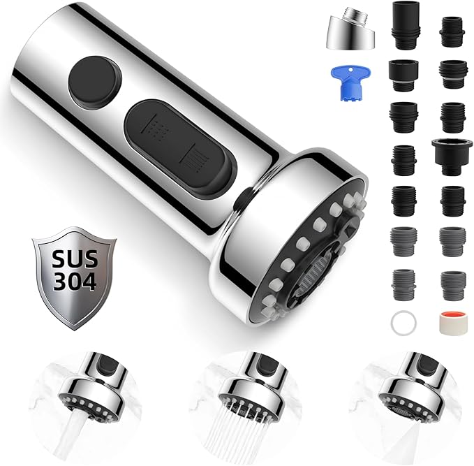 Hibbent Stainless Steels Pull Down Kitchen Faucet Head Replacement, 3 Function Sink Faucet Sprayer Head with 15 Adapters, Compatible with Moen, American Standard, Delta, Kohler Faucets, Chrome
