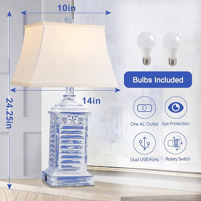 Coastal Table Lamps for Bedrooms Set of 2 Farmhouse Bedside Lamp for Living Room Modern 3-Color Temperature Blue Washed Nightstand End Tables Lamp with USB Ports and AC Outlet (Bulbs Included)