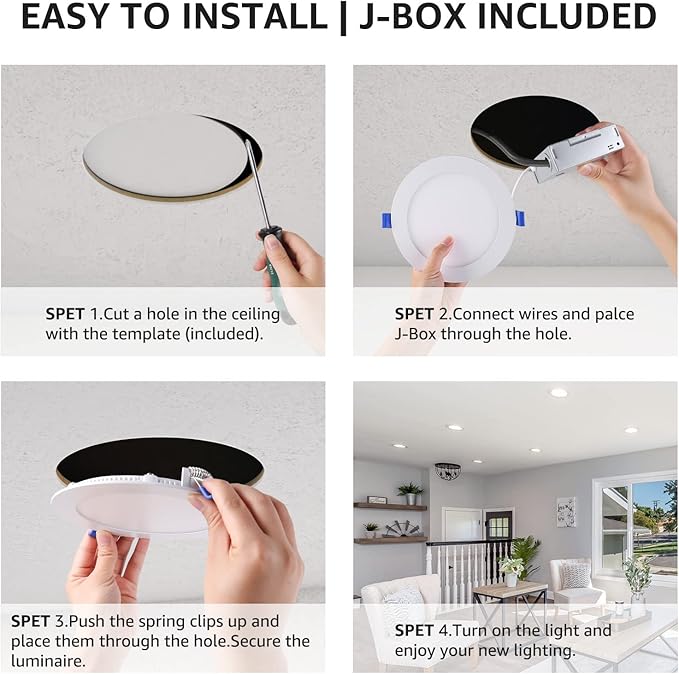 Lepro 6 Pack 4 Inch Canless LED Recessed Light with Junction Box, Ultra-Thin 5000K Daylight, Dimmable Retrofit Downlight, 10W Eqv. 75W,750LM High Brightness,Baffle Trim,ETL,Energy Star&FCC Certified