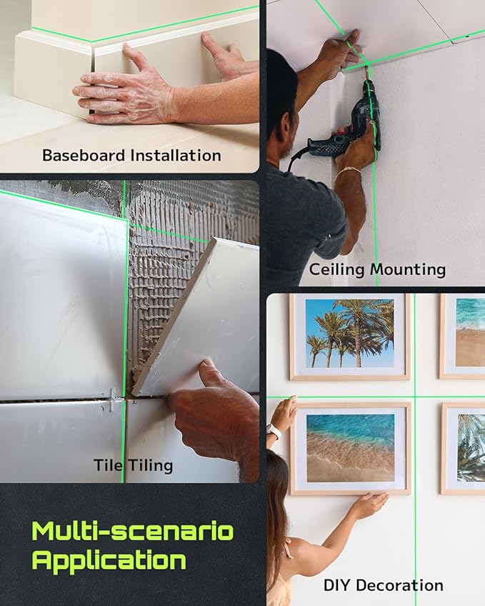 LasGoo 4x360° Self-Leveling Laser Level, 16 Lines Green Cross Line Laser, for Construction Projects and Home Decoration, with 2 Rechargeable Li-Ion Batteries and Magnetic Bracket, LG-4Ds