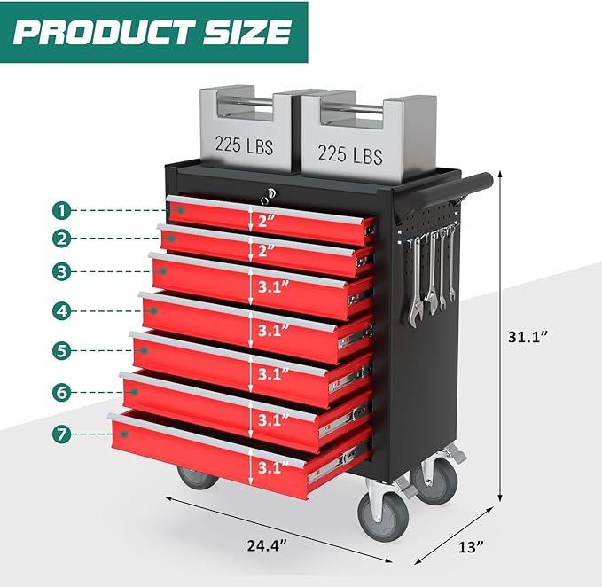 7-Drawer Rolling Tool Chest with Wheels, Tool Box with Locking System and Sliding Drawers, Tool Box Organizer for Garage, Warehouse, Workshop(BlackRed)