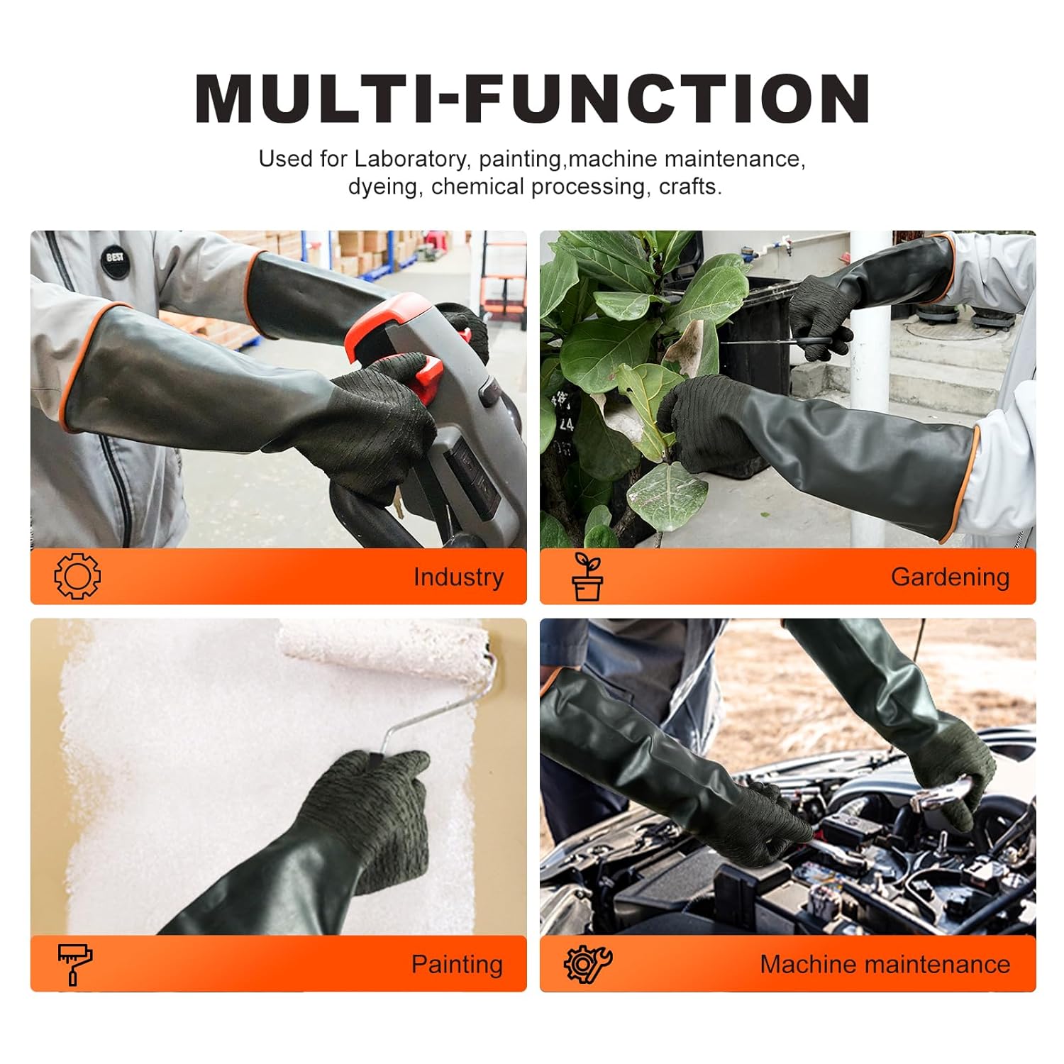 North Tower Heavy Duty Rubber Gloves, Industrial Gloves Waterproof Reusable Protective Work for Cleaning, Dishwashing, Upgraded with Non-Slip Design, Black（18in,2 pair）