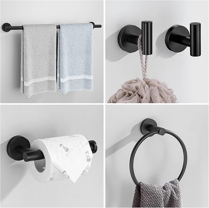6 Pieces Matte Black Towel Bar Set Bathroom Hardware Set, 23.6Inch Towel Holder Set Towel Racks for Bathroom, SUS304 Stainless Steel Bathroom Accessory Set