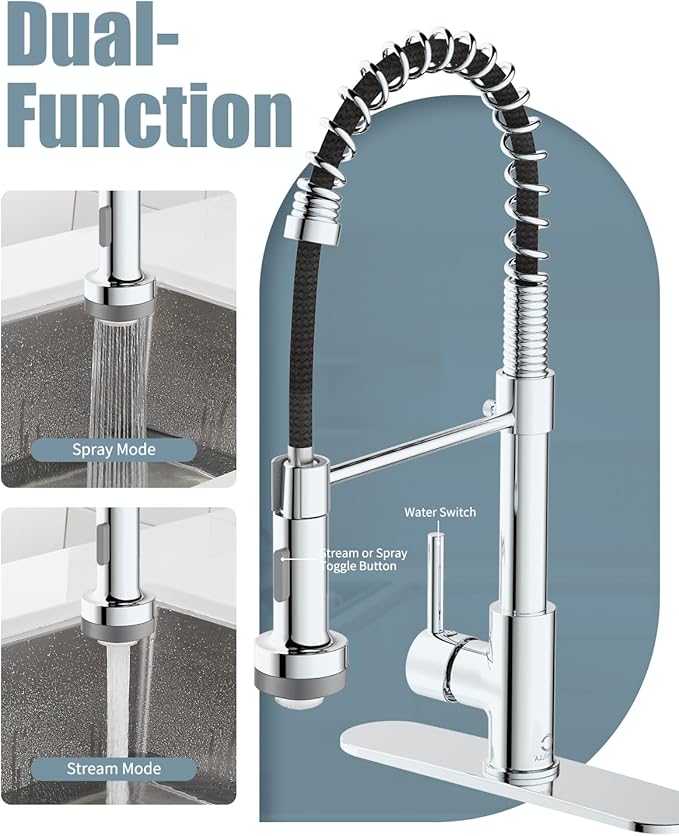Kitchen Faucet with LED Light, Chrome Faucet with Soap Dispenser, Faucet for Kitchen Sink, Single Handle Stainless Steel Kitchen Sink Faucets with Pull Down Sprayer, Camper Farmhouse RV