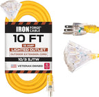 Iron Forge Cable 10 Gauge 10ft Lighted Outdoor Heavy Duty Extension Cord with 3 Outlets - 15 Amp 10/3 SJTW Yellow Extension Cord with Multiple Outlets