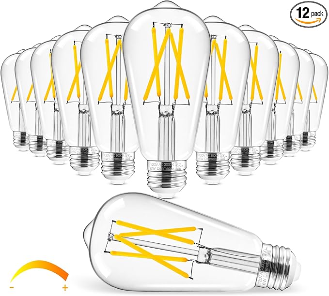 Hizashi Vintage LED Edison Bulb Dimmable, 6W Equivalent 60W, 3000k Soft White, E26 Base Led Light Bulbs, 700LM, UL Listed, High CRI 95+ Eye Protection, Clear Glass, Pack of 12