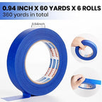 ADHES Upgrade Blue Painters Tape, Masking Tape for Painting 6 Rolls x 0.94 Inch x 60 Yards, Blue Paint Tape No Residue Outdoor Anti UV Multi Surface Use, Total 360 Yards