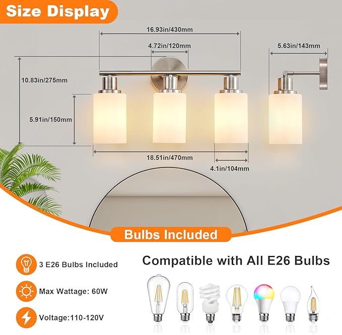 DLLT 3-Light Bathroom Light Fixtures: Nickel Modern Vanity Lights with E26 Bulbs - Milky White Glass Shade Bathroom Wall Lamp for Mirror Kitchen Living Room Hallway Cabinet Porch