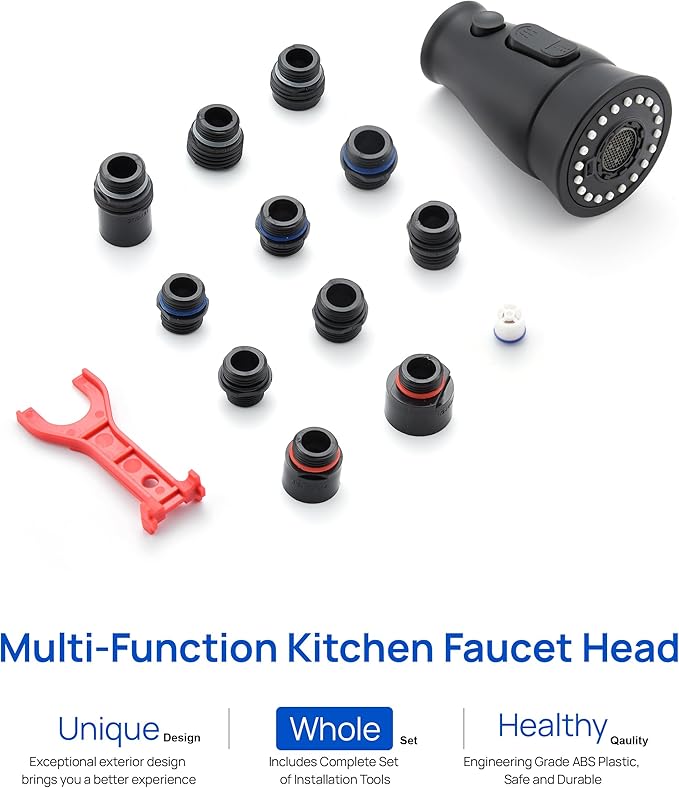 Pull Down Spray Head Replacement for Kitchen Faucet, 3 Modes Kitchen Sink Faucet Sprayer Head Nozzle Spout with 11 Adapters, Matte Black