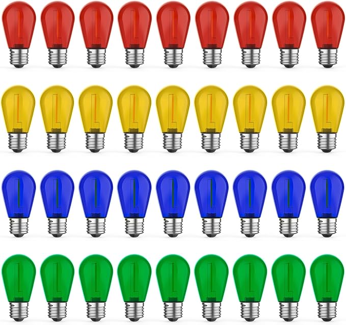 36 Pack LED S14 Colored Light Bulbs for Outdoor String Lights, Shatterproof 1W Replacement Bulbs for Party Lights, 2200K Warm White, Dimmable, E26 Base, Multi-Color: Red/Green/Blue/Orange