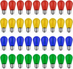 36 Pack LED S14 Colored Light Bulbs for Outdoor String Lights, Shatterproof 1W Replacement Bulbs for Party Lights, 2200K Warm White, Dimmable, E26 Base, Multi-Color: Red/Green/Blue/Orange