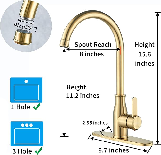 Brushed Gold Kitchen Faucet ，Modern High Arc Bar Sink Faucet ，Commercial Stainless Steel Kitchen Sink Faucet One Hole with Deck (Brushed Gold)