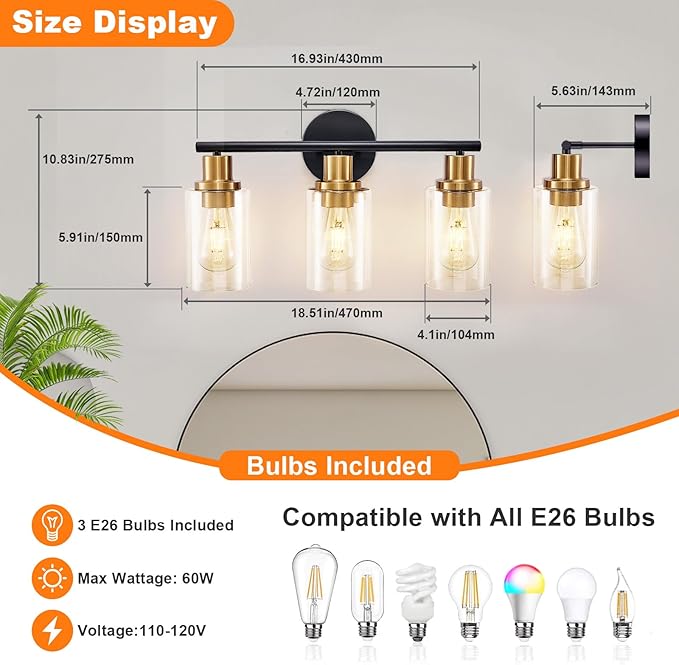 DLLT 3-Light Bathroom Light Fixtures: Black and Gold Modern Vanity Lights with 3 E26 Bulbs - Clear Glass Shade Bathroom Wall Lamp for Mirror Kitchen Living Room Hallway Cabinet Porch