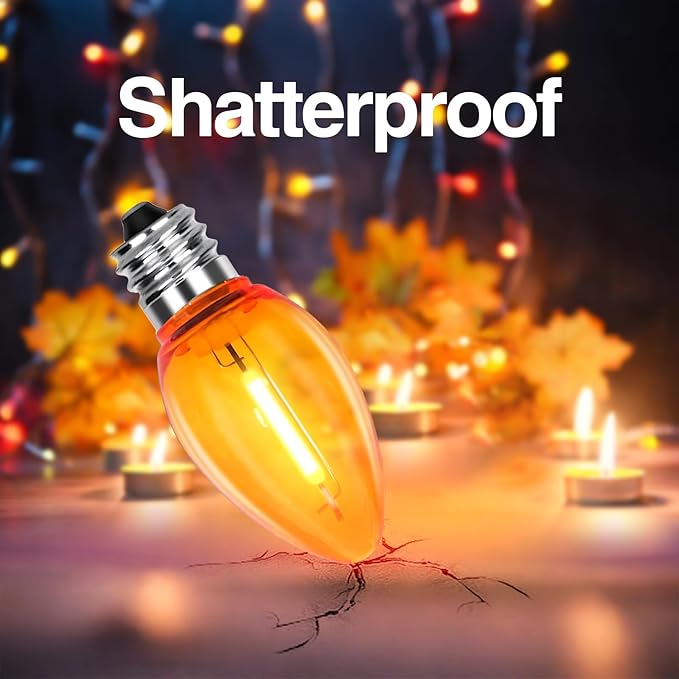 C7 Replacement Bulbs, 10 Pack Halloween Orange LED Bulbs, 0.6W E12 Candelabra Base for Outdoor String Lights, Christmas Party, Patio Decor