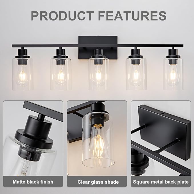 5 Light Bathroom Light Fixtures Black Vanity Light Over Mirror Modern Farmhouse Wall Lighting Sconces Wall Lamp for Bathroom, Bedroom, Living Room E26 Socket with Glass Shade