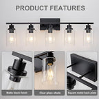 5 Light Bathroom Light Fixtures Black Vanity Light Over Mirror Modern Farmhouse Wall Lighting Sconces Wall Lamp for Bathroom, Bedroom, Living Room E26 Socket with Glass Shade
