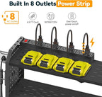 Warome Garage Power Tool Organizer with 8-Outlet Power Strip, Tool Storage Rack Wall Mount with 8 Cordless Drill Holders, Tool Organization Shelf with Charging Station in Black