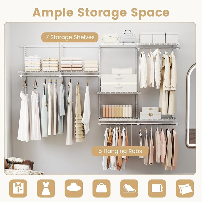 Giantex Closet Organizer System, 4-8 FT Wall-Mounted Closet Shelves and Rod, Adjustable Closet Organization w/ Hanging Rod, DIY Expandable Modular Metal Wire Shelving for Laundry Bedroom (White)