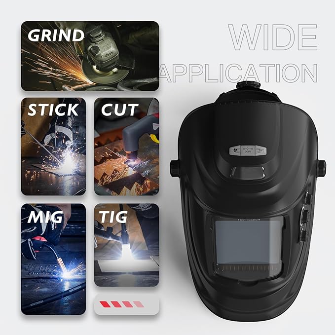 YESWELDER Auto Darkening Welding Helmet with Rechargeable Fan and Light, 3.93"X3.66"Large View 1/1/1/1 True Color 4 Arc Sensor Solar Powered Welding Hood, 3/5-9/9-13 Wide Shade Weld Mask LYG-30800H-W