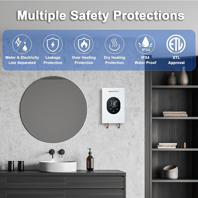 Electric Tankless Water Heater, GREATBEAR 6KW On Demand Water Heater Electric 240V, Point of Use Instant Hot, With Self Modulating GT60W White