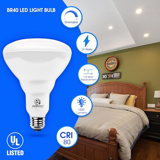 ENERGETIC SMARTER LIGHTING LED Recessed Light Bulbs BR40, 110W Equivalent 14W, Dimmable, 1600 High Lumens, Daylight 5000K, Indoor Flood Lights for Recessed Cans, UL Listed, 6 Pack