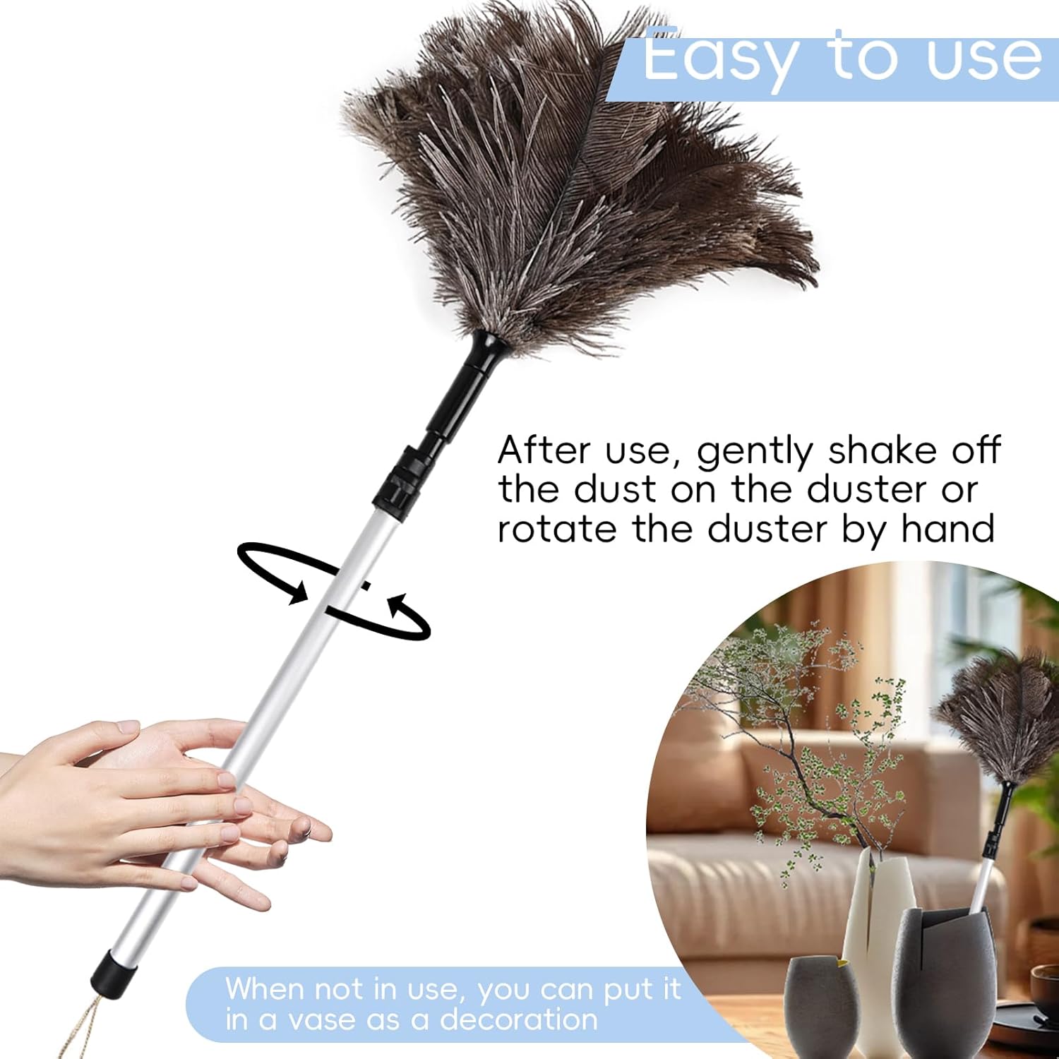 THARAHT Extendable Ostrich Feather Duster up to 25-49 inches Fluffy Feathers Long Handle Reusable for Cleaning Ceiling Fan Pendant lamp High Ceiling Blinds Furniture Feather Duster