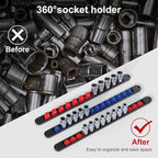FIVEPEARS 6PCS 360° Socket Organizer Twist Lock,3/8 1/4 1/2 Socket Storage Rails, Premium Quality Socket Holders for Tool Box ，Tool Carts，Contains up to 80 Clips (Blue & Red)