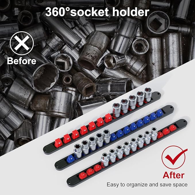 FIVEPEARS 6PCS 360° Socket Organizer Twist Lock,3/8 1/4 1/2 Socket Storage Rails, Premium Quality Socket Holders for Tool Box ，Tool Carts，Contains up to 80 Clips (Blue & Red)
