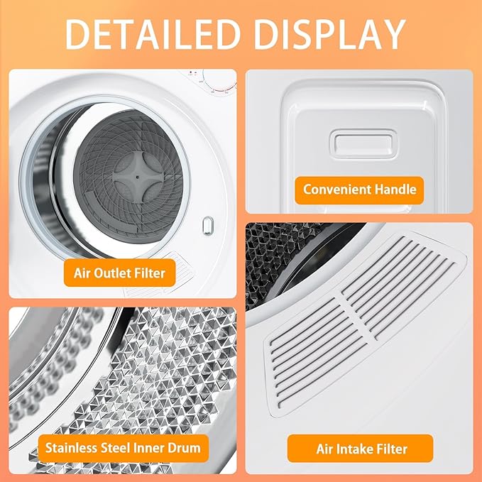 1.5 Cu.Ft Portable Clothes Dryer, 800W Fast Drying Front Load Laundry Dryer with 5 Mode, Mini Electric Clothing Dryer with Stainless Steel Tub, Compact Machine for Apartment, Home, Dorm