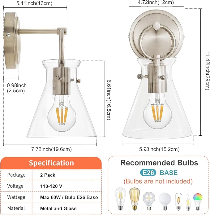 Wall Sconces 2 Pack Modern Vanity Light Fixtures for Bathroom Nickel Wall Mount Lighting Lamp Hardwired Farmhouse Wall Lights with 6 Inch Clear Glass Shade for Bedroom Living Room Mirror