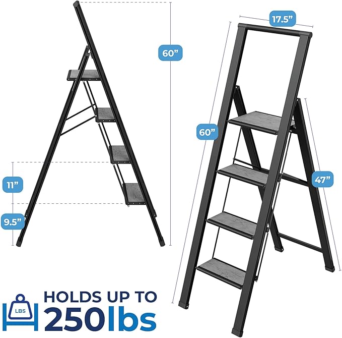 Step Ladder 4 Step Folding, Decorative - Beautiful Gray Wood & Black Aluminum, Ultra Slim Profile, Anti Slip Steps, Sturdy-Portable for Home, Office, Kitchen, Photography Use,by SORFEY