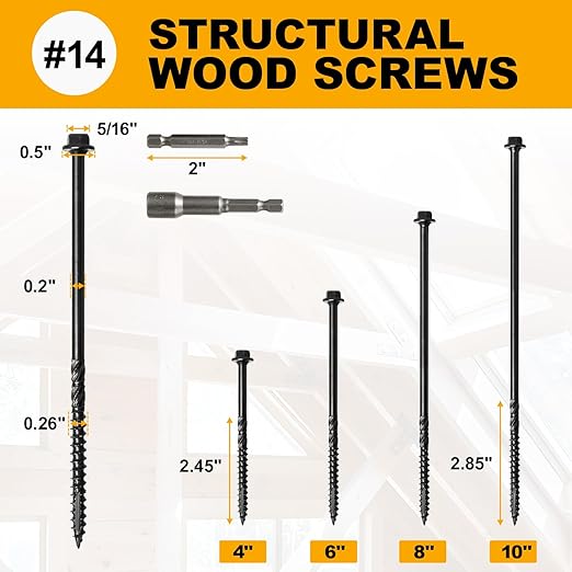 #14 x 8 Wood Structural Screws 100 Pack Hex Head Lag Screws, Rust Resistant Timber Screws for Timber/Log/Landscaping Wood (Black)