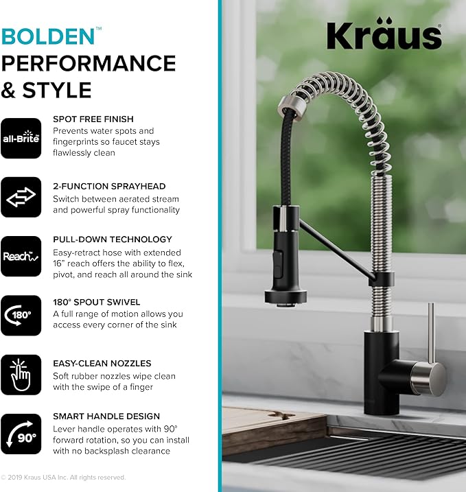 KRAUS Bolden 18-Inch Single Handle Spot Free Stainless Steel/Matte Black Commercial Style Pull-Down Kitchen Faucet with Dual Function Sprayer, KPF-1610SFSMB (Pack of 1)