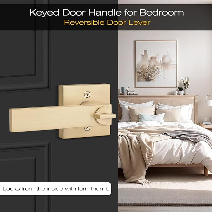 EHOMEWARE 1 Pack Gold Door Handles, Entry Door Levers with Keys, Not Keyed Alike - Interior Door Lever Door Handle with Modern Contemporary Design for Home Bedroom or Living Room